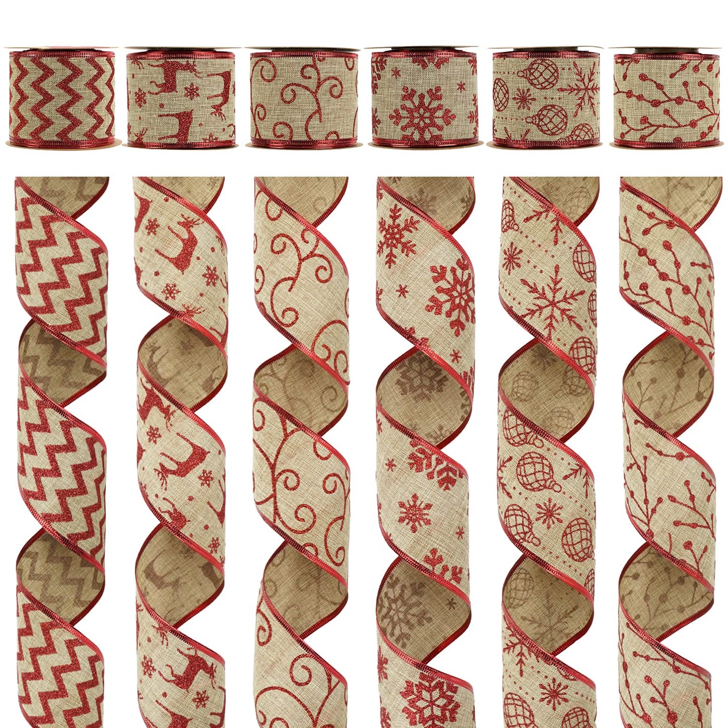 MEEDEE Christmas Ribbon Set - Wired Burlap 2.5 Inch 6 Rolls 36 Yards Red Glitter for Tree Garland, Wreaths, Tree Topper, Bow Making