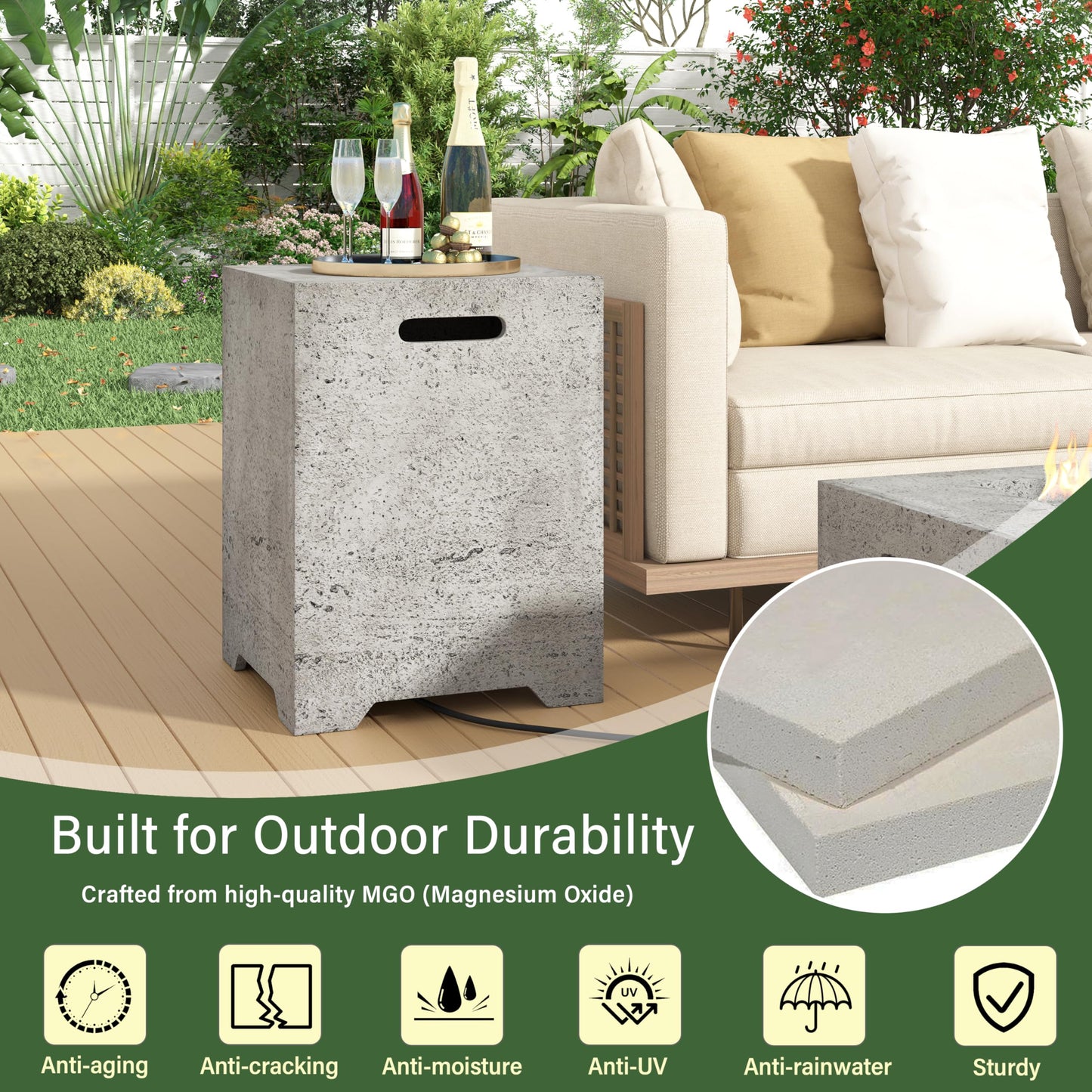 Merax Outdoor 15.75''MGO Propane Tank Cover Table, Propane Tank Holder with Handles on Both Sides & Groove Hole at The Bottom,Fire Side Table for Gas Fire Pits,No Assembly Needed, Light Gray