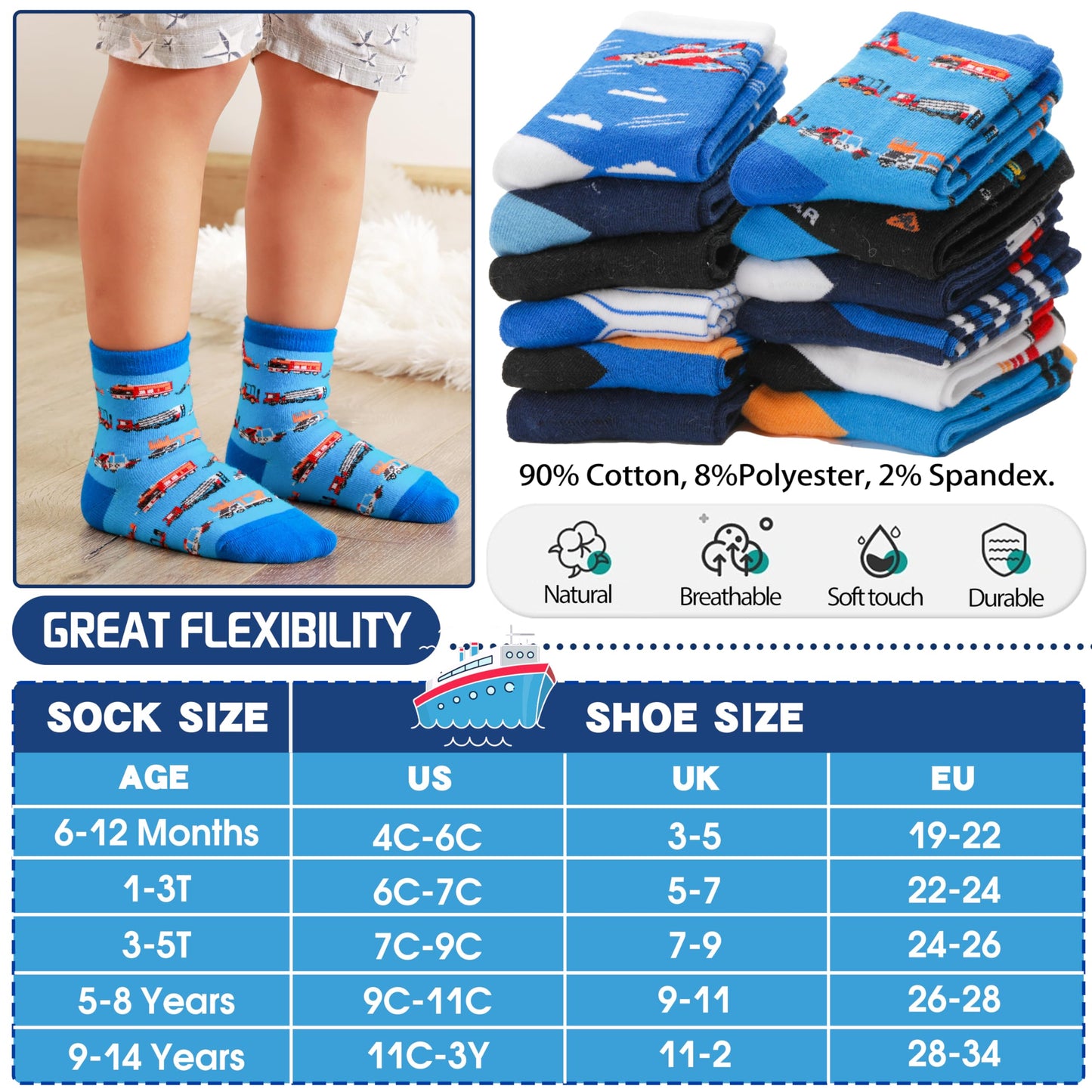 Welwoos Baby Boys Toddlers Grips Socks Non Slip Anti Skid Funny Cartoon Cosy Crew Cotton Gifts Socks 12 Pairs Stocking Fillers(Mix Blue Styles,3-5 T)