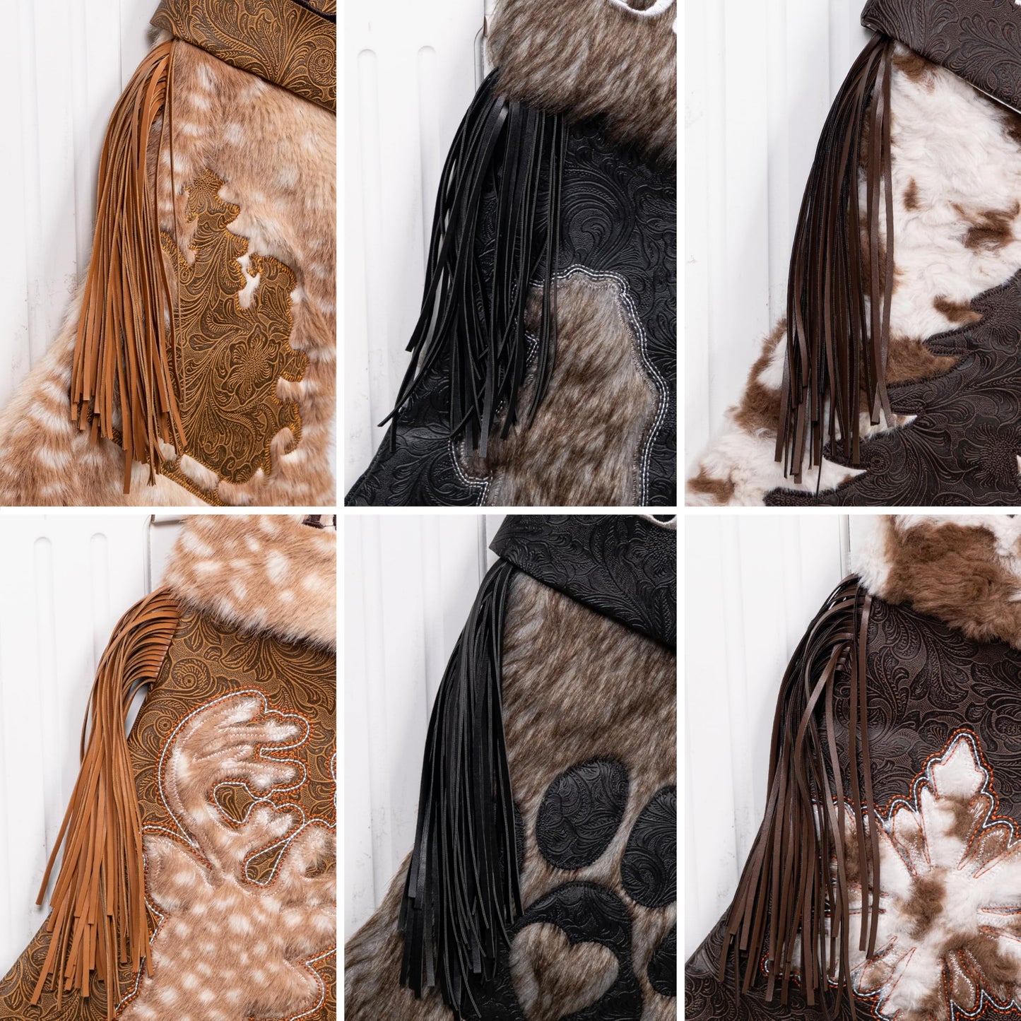 LUBOT 2025 Christmas Stockings Set of 6, Western Cowboy 20" Rustic Farmhouse Fireplace Hanging Décor Neutral Embossed Leather & Plush Faux Fur with Tassel Accents Large Family Xmas Stockings