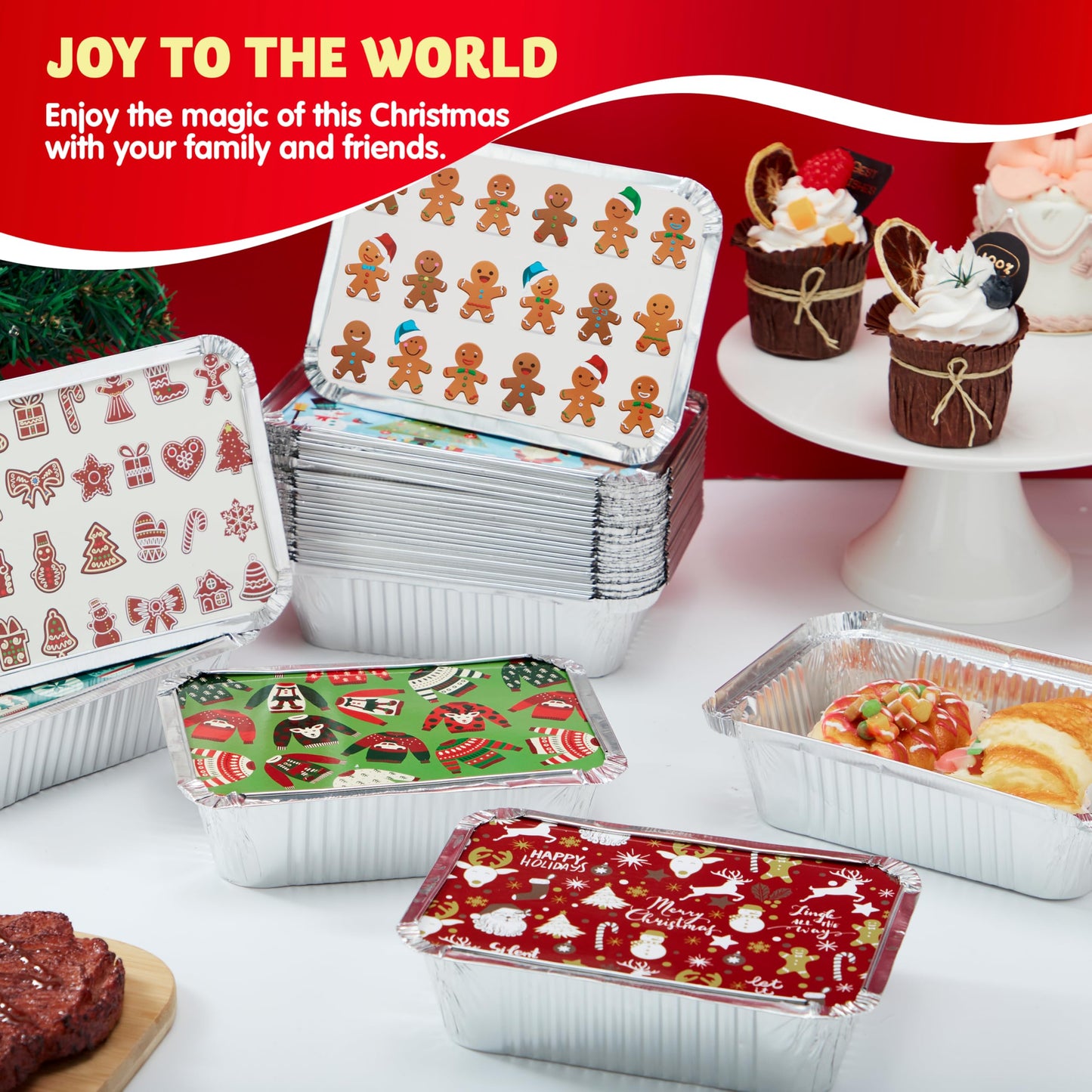 JOYIN 48 Pcs Christmas Cookie Tins with Lids for Gift Giving, Rectangular Treat Foil Containers, Disposable Food Storage Pan for Holiday Leftovers Goodie Container or Cookie Exchange
