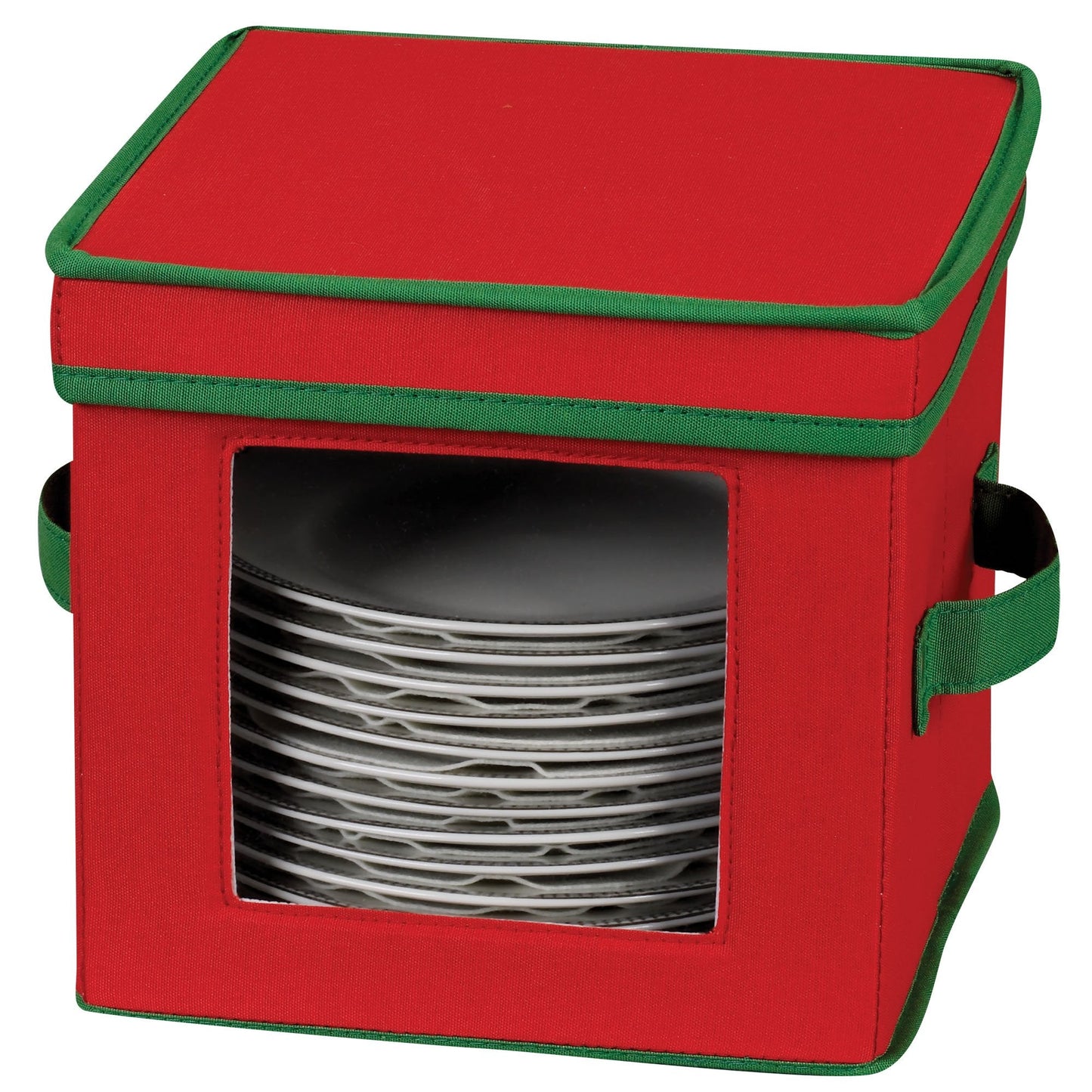 Household Essentials 532RED Holiday China Dinnerware Storage for Dessert Plates or Bowls | Removable Lid | Red Canvas with Green Trim