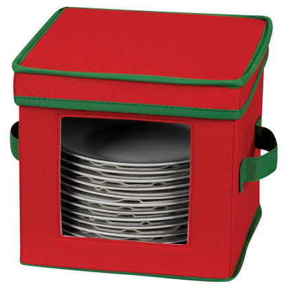 Household Essentials 532RED Holiday China Dinnerware Storage for Dessert Plates or Bowls | Removable Lid | Red Canvas with Green Trim