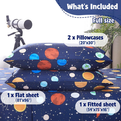 CozySmile Full Sheet Set Kids,4 Pieces Breathable Soft Microfiber Bedsheets for Child Boys, Oeko-TEX, Anti Pilling Deep Pockets Easy Care Bed Sheets, Planet