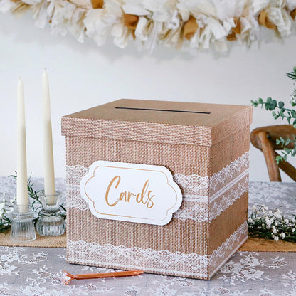 Kate Aspen Rustic Burlap & Lace Gift/Wedding Card Box, Money Box, Farmhouse Wedding Decorations For Reception - Also Perfect for Boho Baby Showers, Birthdays, Graduation