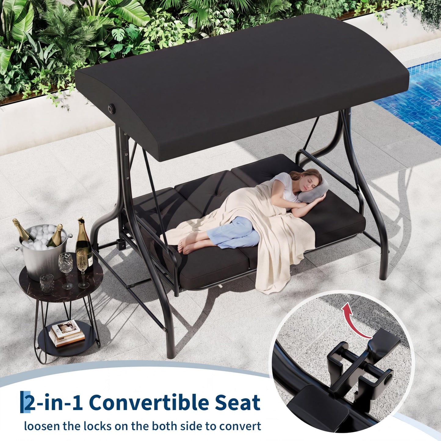 3-Seat Outdoor Porch Swing with Adjustable Canopy, Patio Swing Chair with Stand, 800 Lbs Heavy Duty Steel Frame, Reclines to 180° Swing Bed, Cup Holder Trays, Cushions & Pillows for Garden, Black