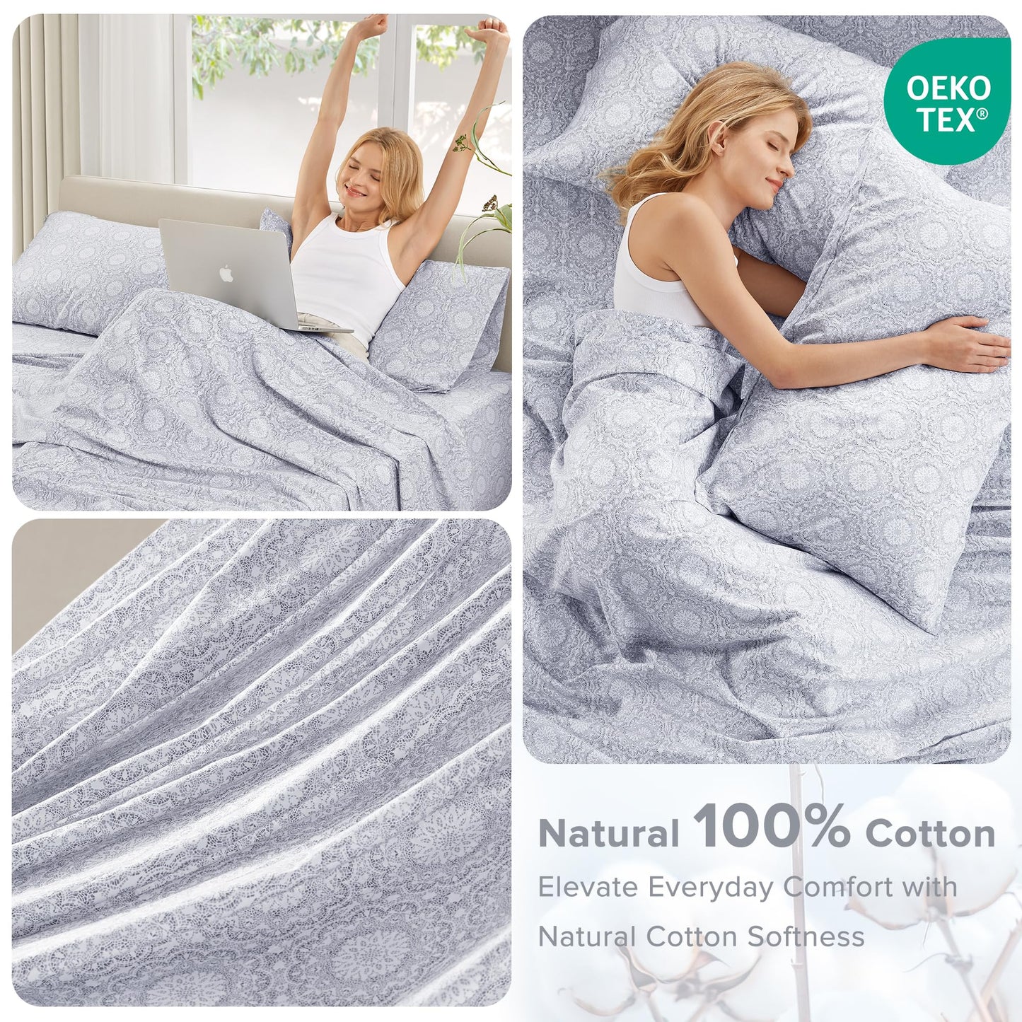 Comfort Spaces 100% Cotton Sheet Set Breathable, Lightweight, Soft with 12" Elastic Pocket Fits up to 14" Mattress, All Season Cozy Bedding, Matching Pillow Case, Twin Adelia Gray 3 Piece