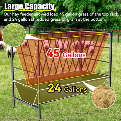 YXJSTO Pasture Hay Feeder 69 Gallon, Livestock 2 in 1 Hay and Grain Feeder, Heavy-Duty Galvanized Metal Goat Feeder with 2 Trays, Pasture Feeder for Goat, Sheep, Foal, Sheep