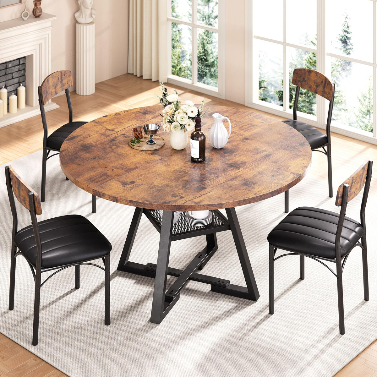 Round Dining Table Set for 4, Kitchen Table and Chairs for 4, Circle Table Round Pedestal Dining Room Dinner Dinette Table Set,5 Piece Space Saving Wood Kitchen & Dining Room Tables (Vintage, 42In)