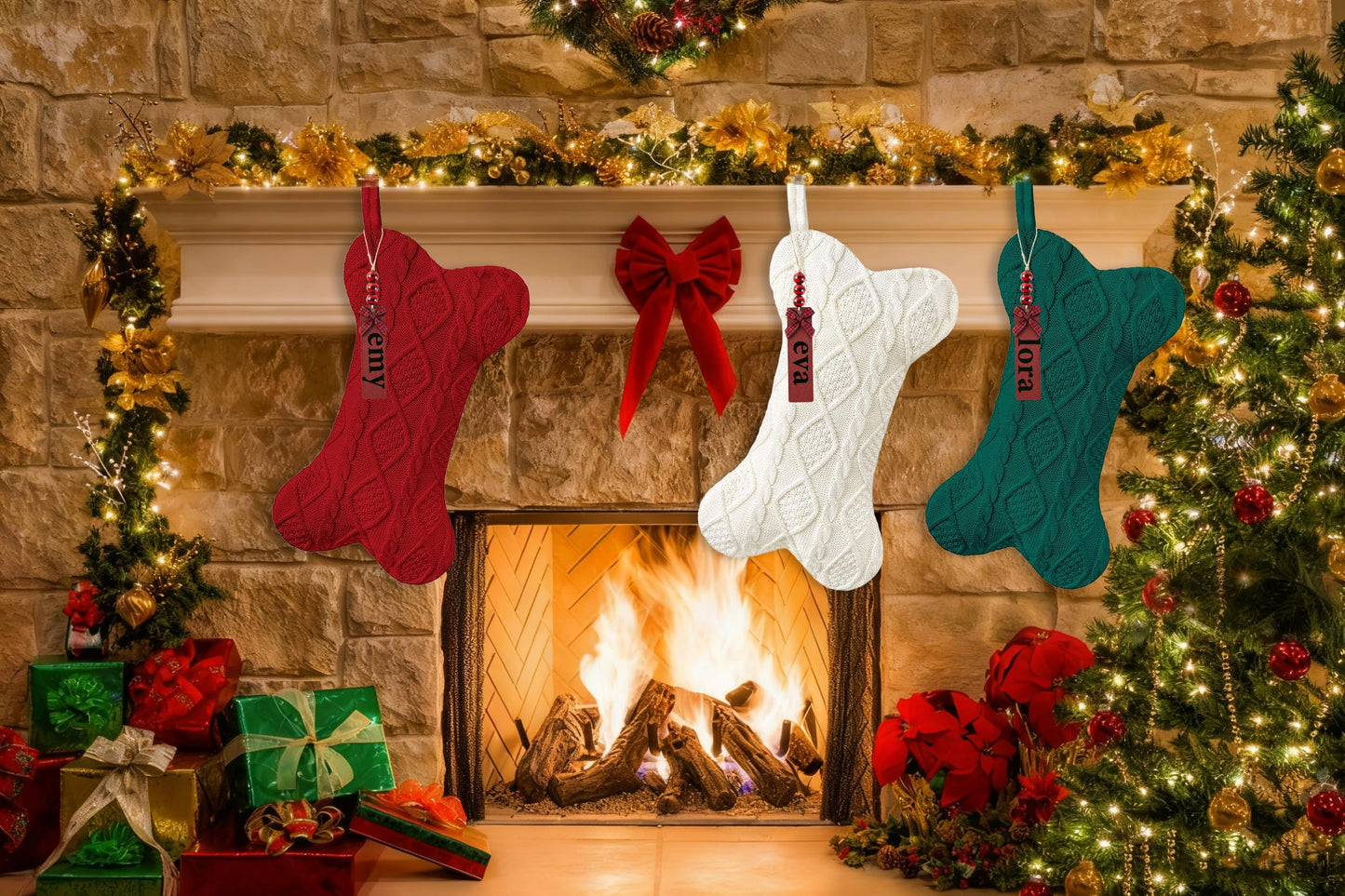 Galetcy Bone Shaped Dog Christmas Stockings, 3 Pack Cable Knit Xmas Stockings Personalized with Name Tag Hanging Pet Stockings for Dogs Cats