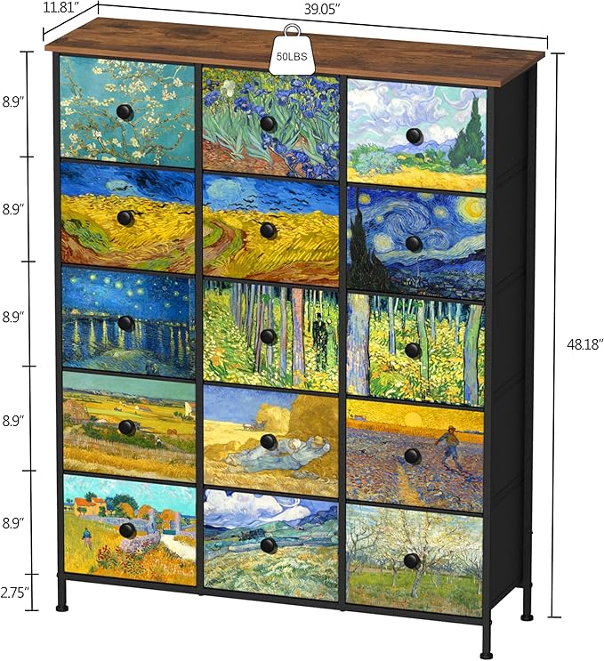 EXOTICA Large Chest of Drawers 15 Drawer Dresser Van Gogh Tall Fabric Dresser