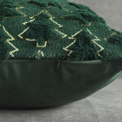 4TH Emotion Christmas Tree Decorative Pillow Covers 18x18 Set of 2, Green Soft Plush Faux Fur Farmhouse Throw Cushion Cases for Xmas Winter Holiday Home Decorations