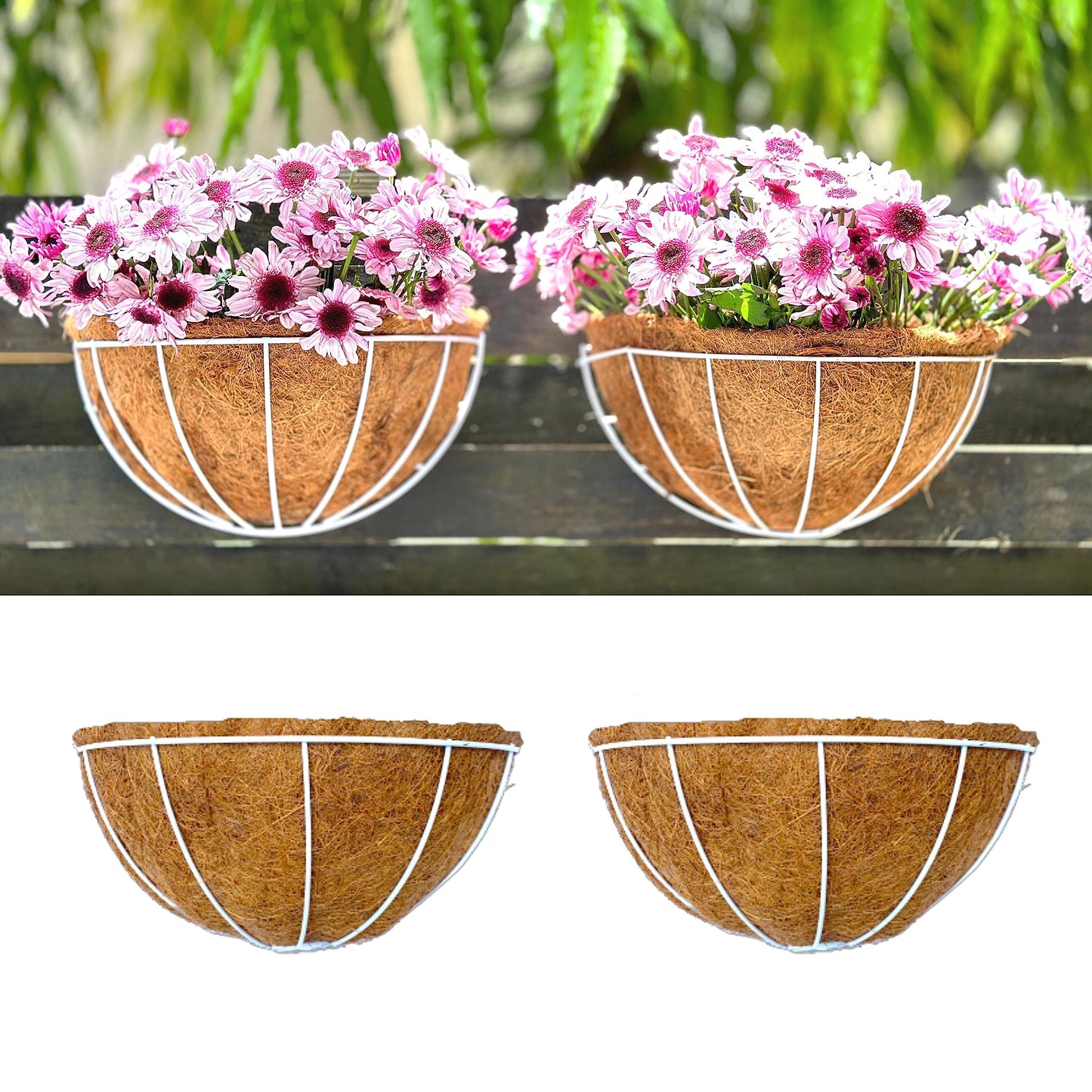 LaLaGreen Large Wall Planters Outdoor, 2 Pack, 14 Inch Wall Hanging White Metal Wire Pot with Coco Liner, Wall Mount Flower Basket Outside Fence Railing Plant Holder Patio Deck Porch Balcony Garden