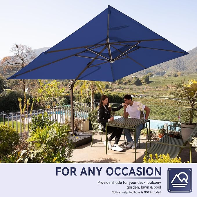 10 X 13 FT Cantilever Outdoor Patio Umbrella with Base Included Large Heavy Duty 360° Rotation Double Top Offset Rectangular Umbrellas with Led Lights for Backyard Outside Deck, NAVY