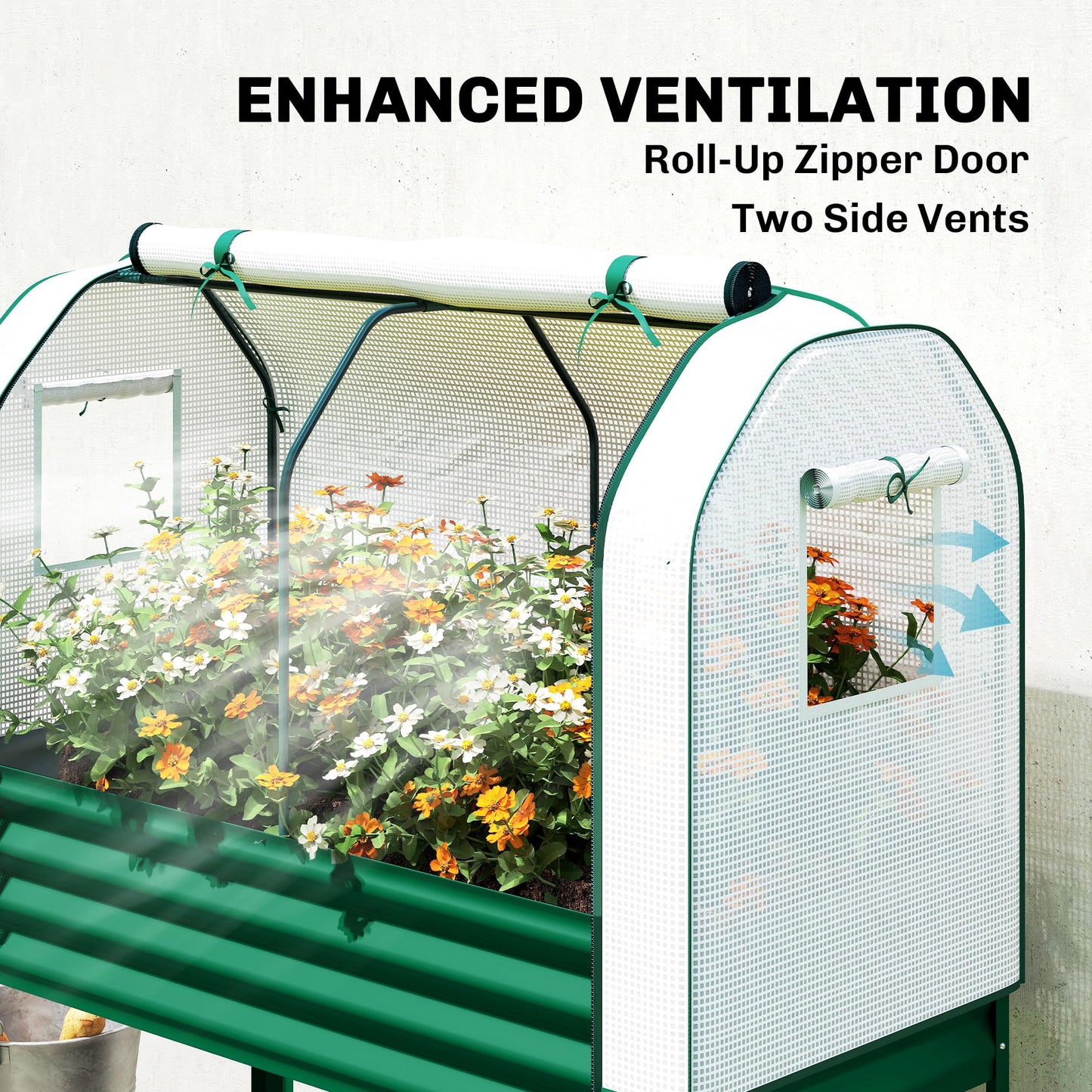 Outsunny Galvanised Raised Garden Bed with Greenhouse Cover, Metal Elevated Garden Bed with Legs, Bed Liner and Bottom Shelf, Outdoor Raised Planter Box for Vegetables, Herbs, Flowers, Green
