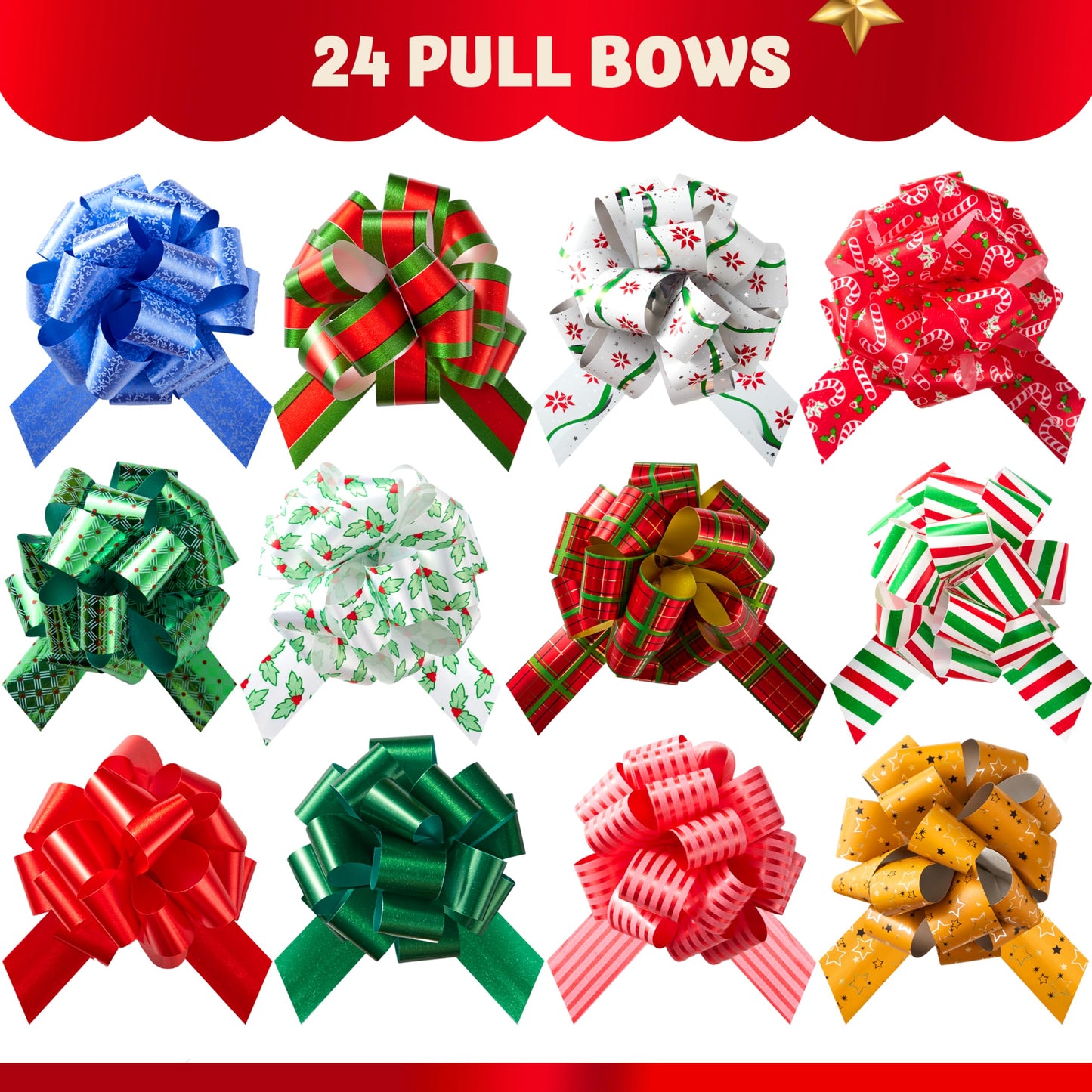 JOYIN 24 PCS Christmas Wrap Ribbon Pull Bows (5" Wide); Easy and Fast Gift Wrapping Accessory for Presents, Bows, Baskets, Wine Bottles Decoration, Xmas Gift Wrapping and Decoration Present