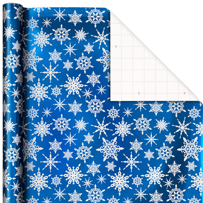 Hallmark Blue Foil Christmas Wrapping Paper with Cut Lines on Reverse (3 Rolls: 60 sq. ft. ttl) Snowmen, Snowflakes, Christmas Trees