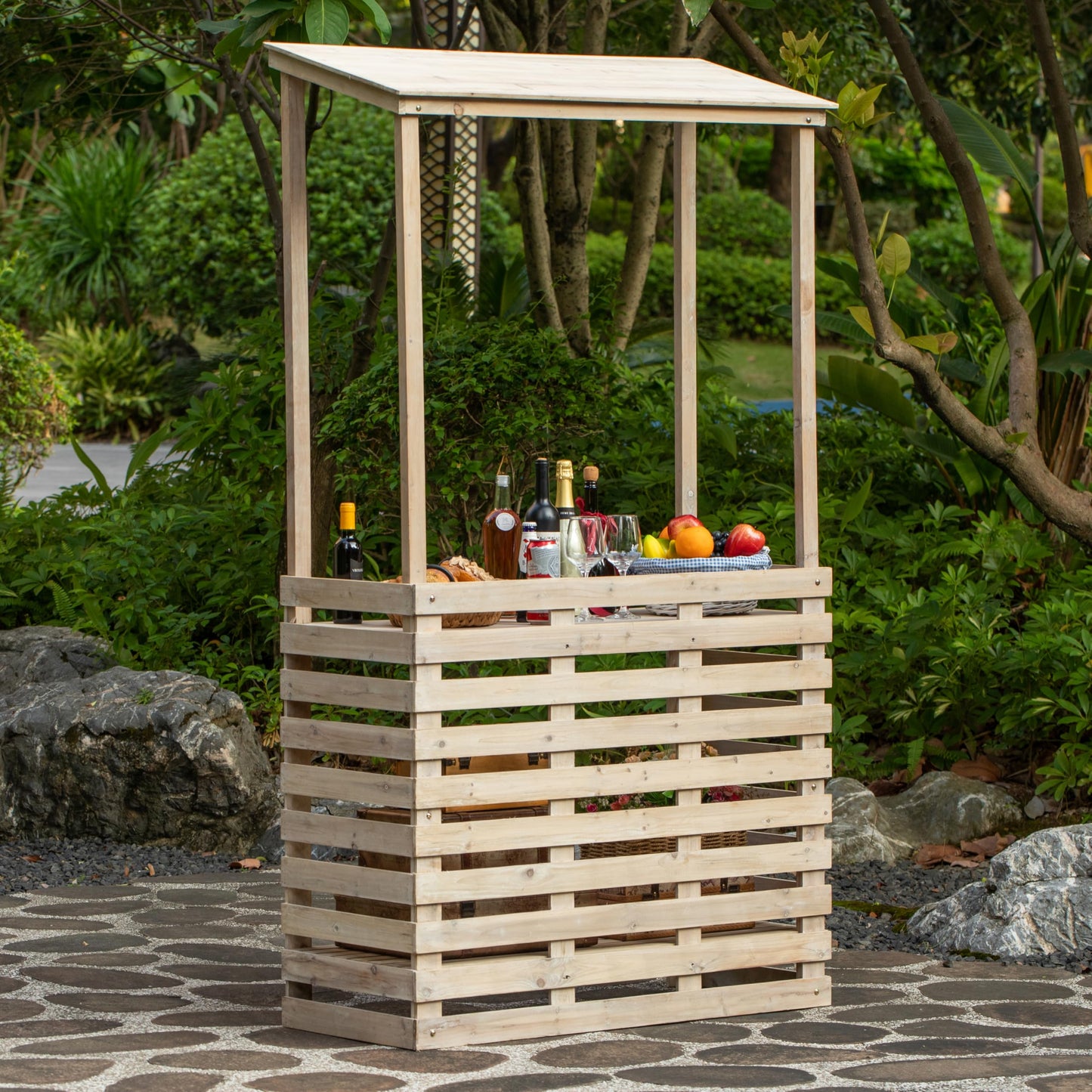 Vintiquewise Multi-Use Wooden Outdoor Bar Counter with Roof – Garden & Patio Serving Station, Backyard Drink & Snack Bar, Lemonade Stand, Event Booth for Home Parties, Weddings & BBQs