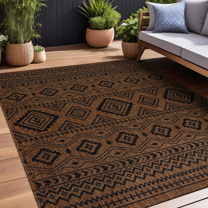 Beverly Rug Waikiki Boho Indoor Outdoor Rug 9x12, Washable Outside Carpet for Patio, Deck, Porch, Bohemian Area Rug, Farmhouse Rugs, Aztec Tribal Rug, Nut Brown and Black