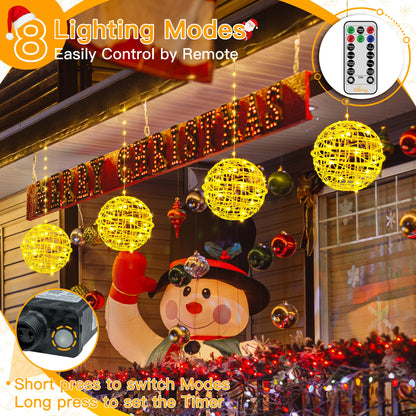 Ollny Christmas Lights Outdoor 4Pack 7.87inch, Warm White 200 LED Ball Light with Plug in Remote, 8 Modes IP67 Waterproof Connectable Sphere Tree Lights for Indoor House Yard Garage Decorations