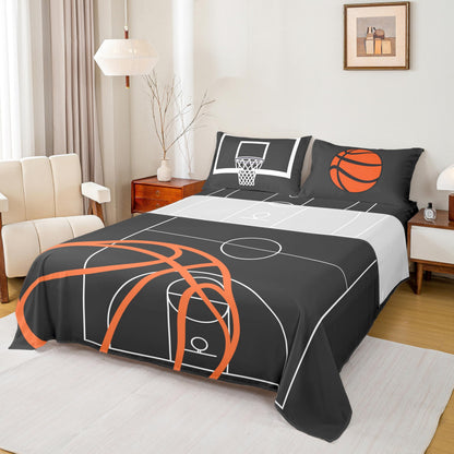 Basketball Court Print Fitted Sheet Set Full Size 4Pcs,Ball Sports Games Themed Bedding Set(1 Fitted,1 Flat,2 Pillows),Orange Basketball and Hoop Deep Pocket Bed Sheets for Girls Teens Room