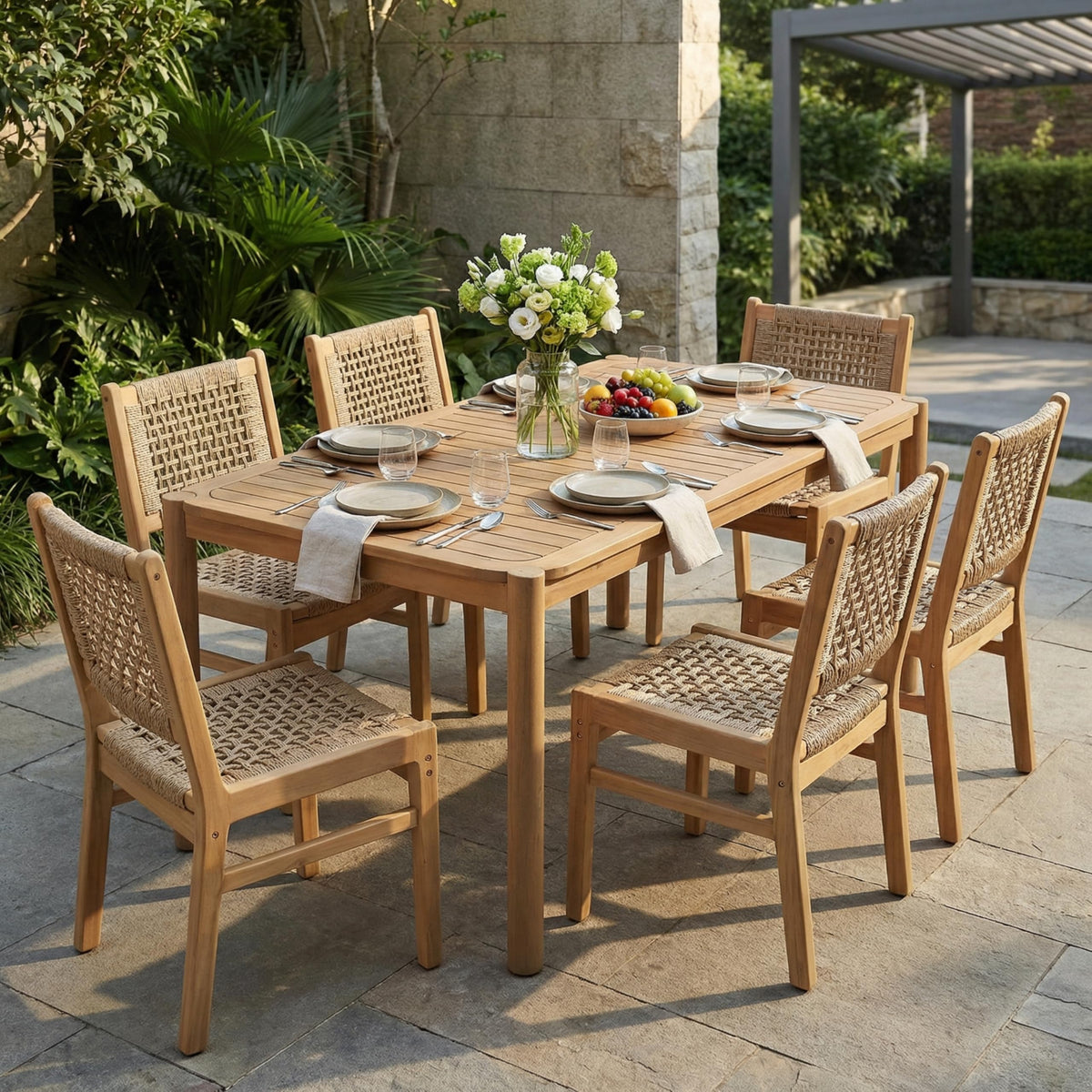 Christopher Knight Home Levi Acacia Wood Dining Table Set for 6, Solid Wood Outdoor Dining Set for 6, 7 Piece Patio Dining Table and Chair Set with Wicker Seat & Back, Light Brown + Light Teak