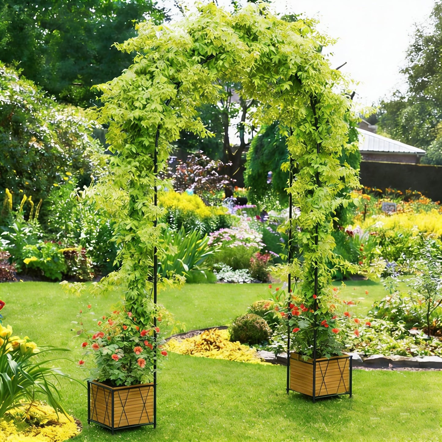 Heavy Duty Garden Arch Trellis for Climbing Plants Outdoor, Metal Garden Arbors Archway Arched Trellis with Planter Boxes, Wedding Arches for Ceremony Arch Backdrop Stands for Party Decorations, Black