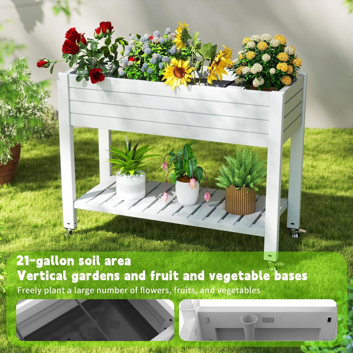 EasyUp Elevated Horticulture Raised Garden Bed with Legs, Divisible Raised Resin Planter Box for Backyard, Patio, Balcony, with 4 Legs, 4 Swivel Lockable Wheels, and Storage Shelf,Ashen