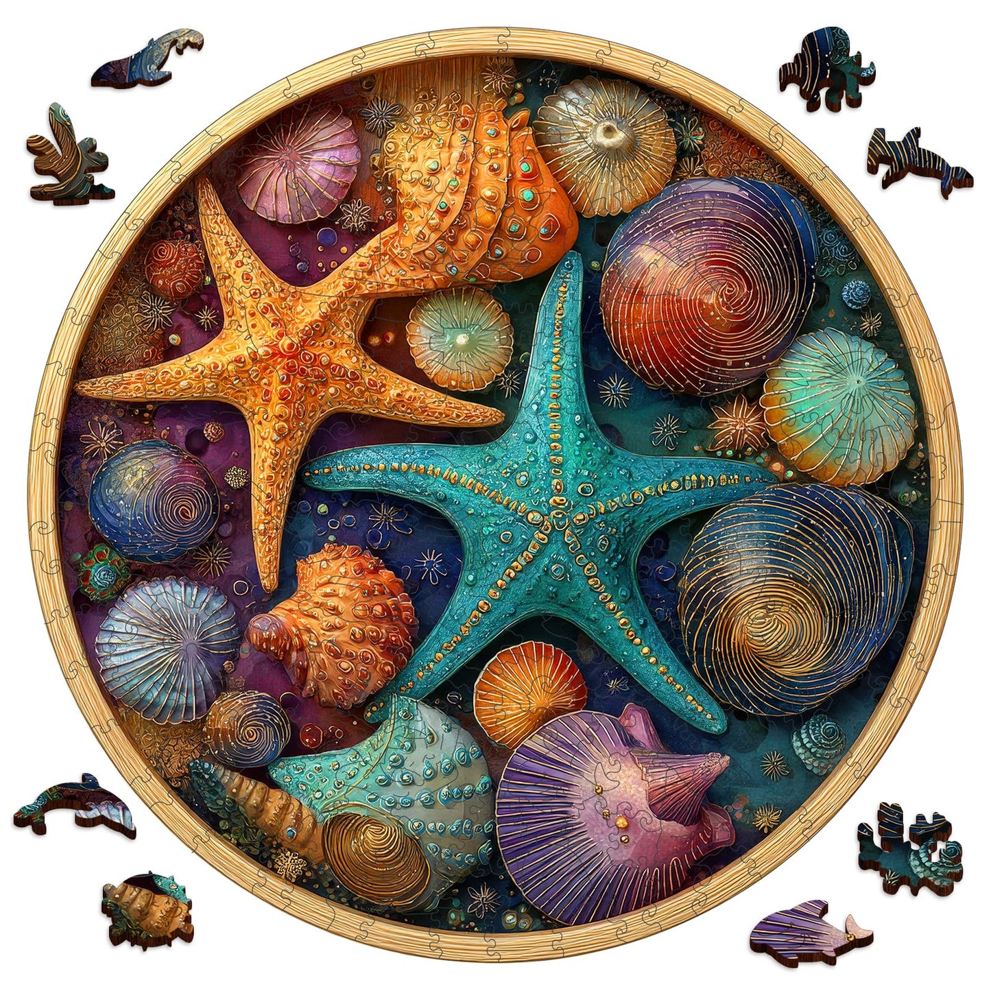Mocfesk Wooden Puzzles for Adults, Shell Starfish Puzzles 200 Pieces, Unique Shaped Underwater Ocean Jigsaw Puzzles, Birthday Gifts Fun Family Game 11.2'' x 11.2''