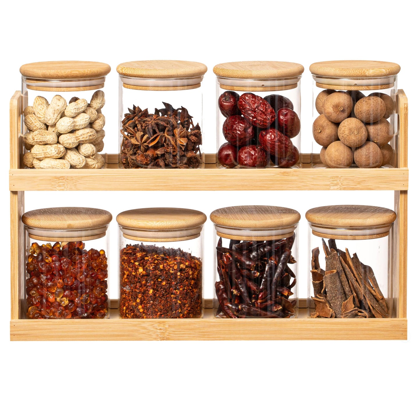 Basicwise Versatile 2-Tier Bamboo Spice Rack and Pantry Organizer with 8 Glass Jars – Perfect for Countertop Storage in Kitchens to Keep Seasoning Containers Neatly Displayed and Easily Accessible