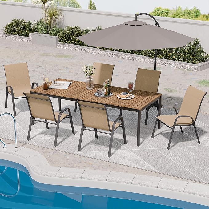 Patio Chairs Set of 6, Outdoor Dining Chairs Stackable for All Weather, Breathable Metal Modern Outside Furniture Chair for Pool Side, Garden, Backyard Deck, Brown