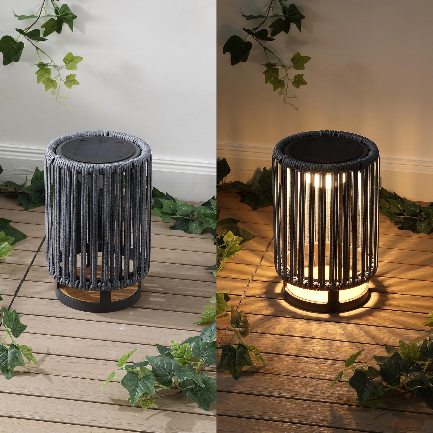 JONATHAN Y 12.5" Charcoal/Black Modern LED Solar Powered Outdoor Lantern, 8.5" x 13" with Faux Rattan Shade, USB-C Rechargeable Cordless Light for Patio Deck Porch Garden JYL2602A