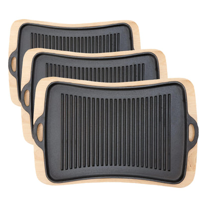 Jim Beam Cast Iron Fajita Pan with Wooden Trivet, Pre-Seasoned Ideal for Barbecuing and Camping, Large, Black,JB0206 (Pack of 3)