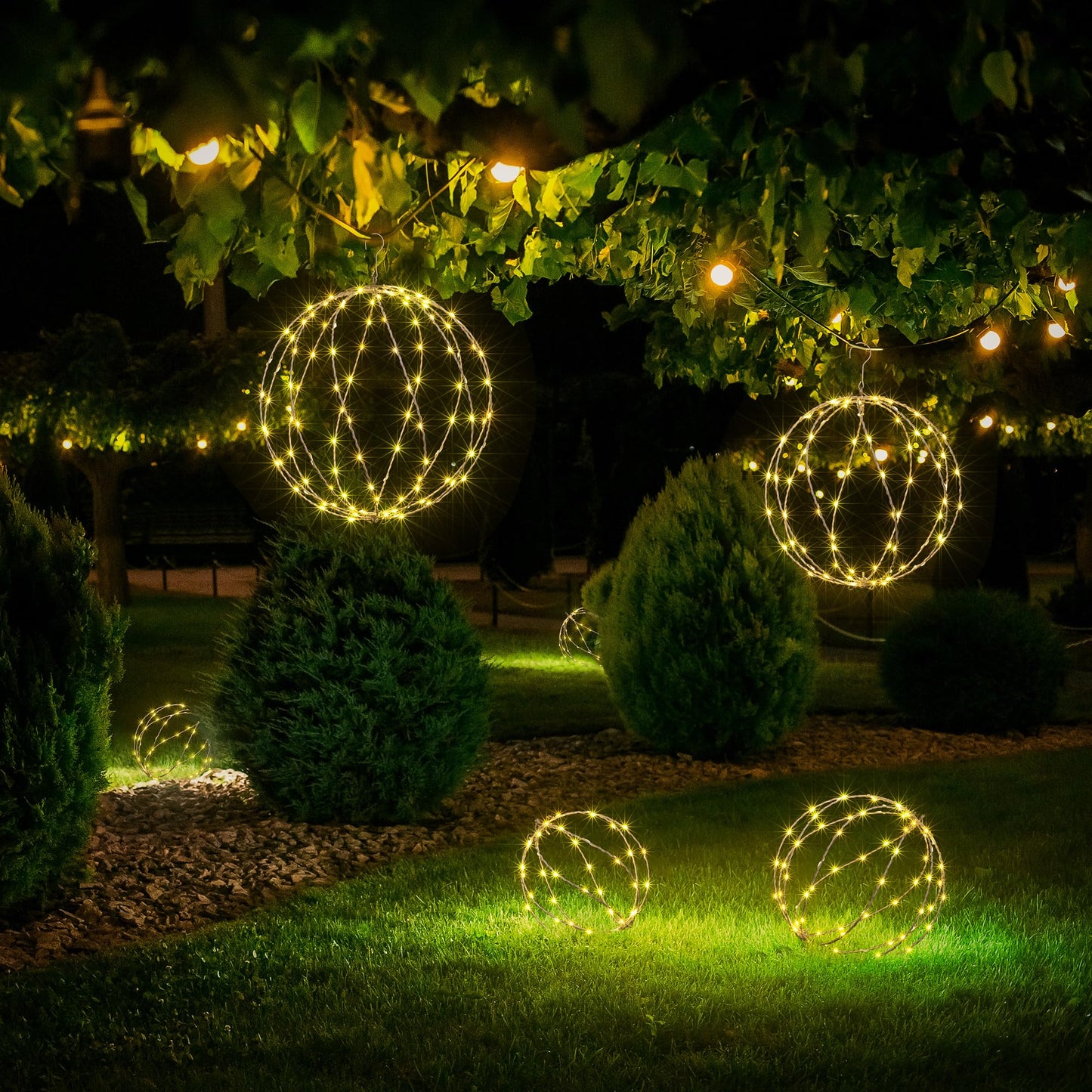 Lightshare 248LED 12IN+16IN+20IN Light Ball Yard Decoration Pathway Lights White Sphere Light Fold Flat Metal Frame Indoor Outdoor Waterproof Garden Lights, Plug in(Set of 3)