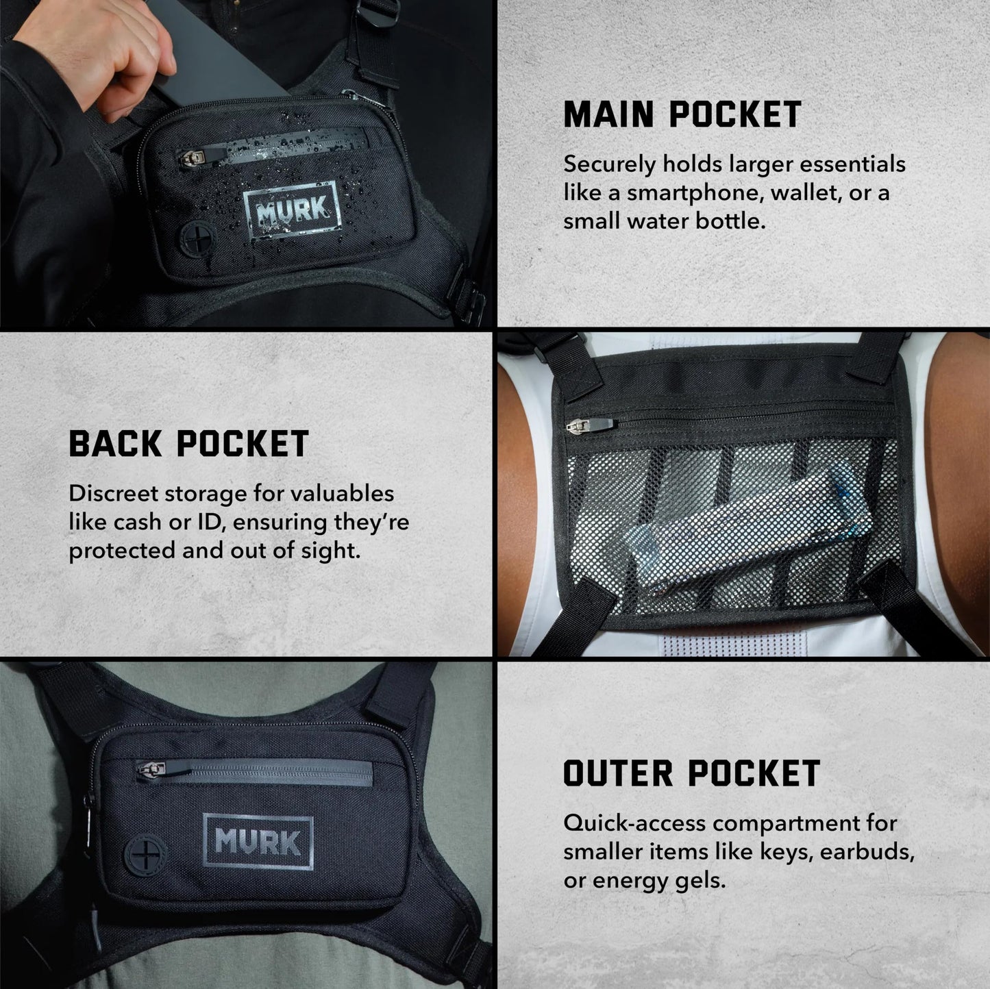 MVRK Water Resistant Chest Pack - Running Vest for Workouts, Running Phone Holder Extra Storage, Lightweight Running Pack