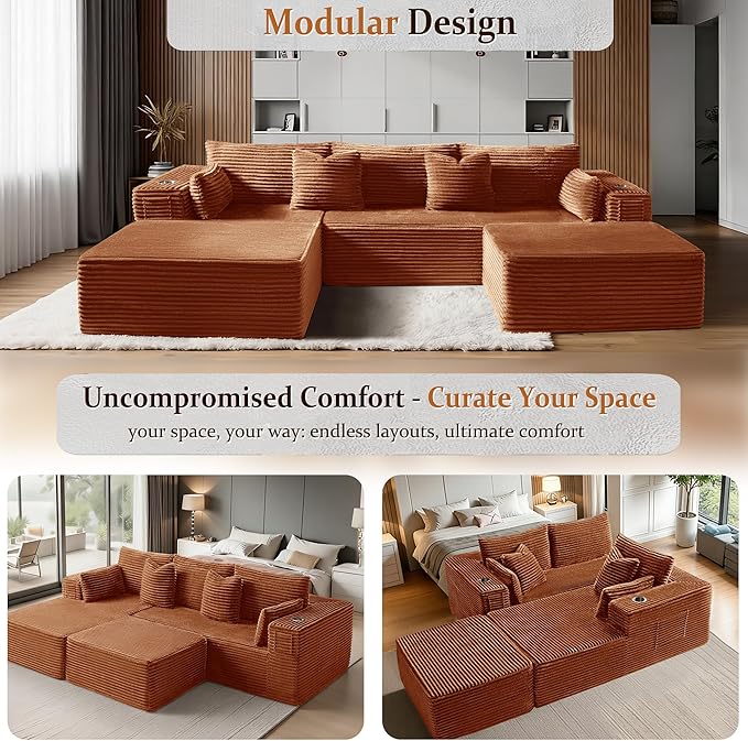 108" Cloud Sectional Couch, Comfort U Shaped Boneless Couch
