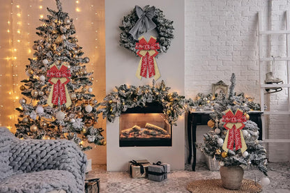 Hying Large Christmas Bows for Wreath, Christmas Wreath Bow Glitter Golden Red Burlap Bows Xmas Tree Topper Bows Ornaments for Front Door New Year Christmas Party Decoration Supplies