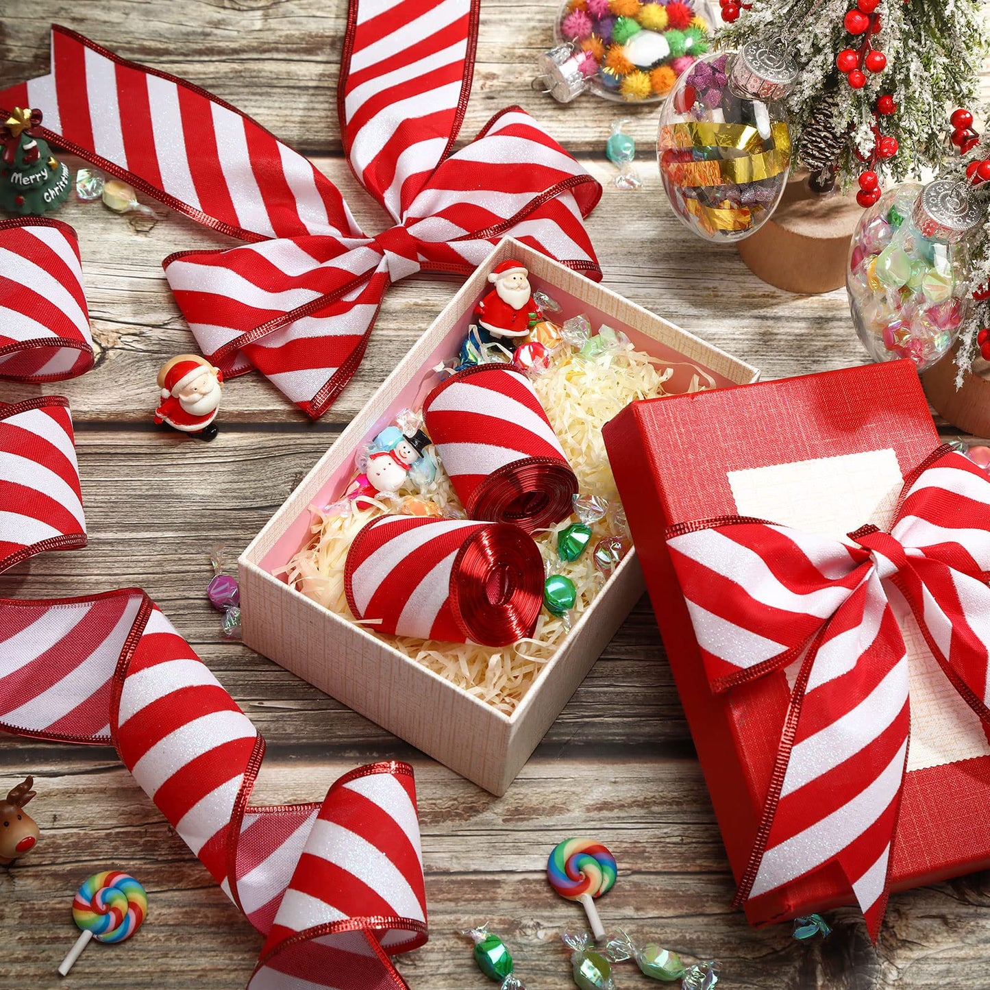 2 Rolls 2.5 Inch x 6 Yards Christmas Red and White Ribbon Christmas Candy Cane Wired Edge Ribbons DIY Craft for Xmas Tree Decorations Wreath Bows Making Gift Wrapping(Diagonal Stripes)