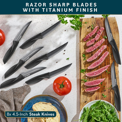 Home Hero Kitchen Knife Set with Sharpener - High Carbon Stainless Steel Knife Block Set with Ergonomic Handles (20 Pcs - Acrylic Black)