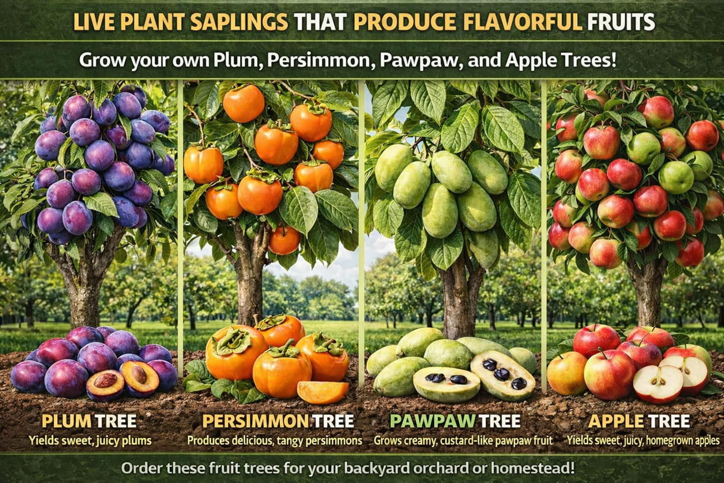 12 Live Fruit Tree Saplings Bundle (3 Plum, 3 Persimmon, 3 Pawpaw, 3 Apple) – Edible Fruit Tree Bundle – Backyard Orchard Starter Kit – Hardy Outdoor Live Plants – Grow Your Own Fresh Fruit