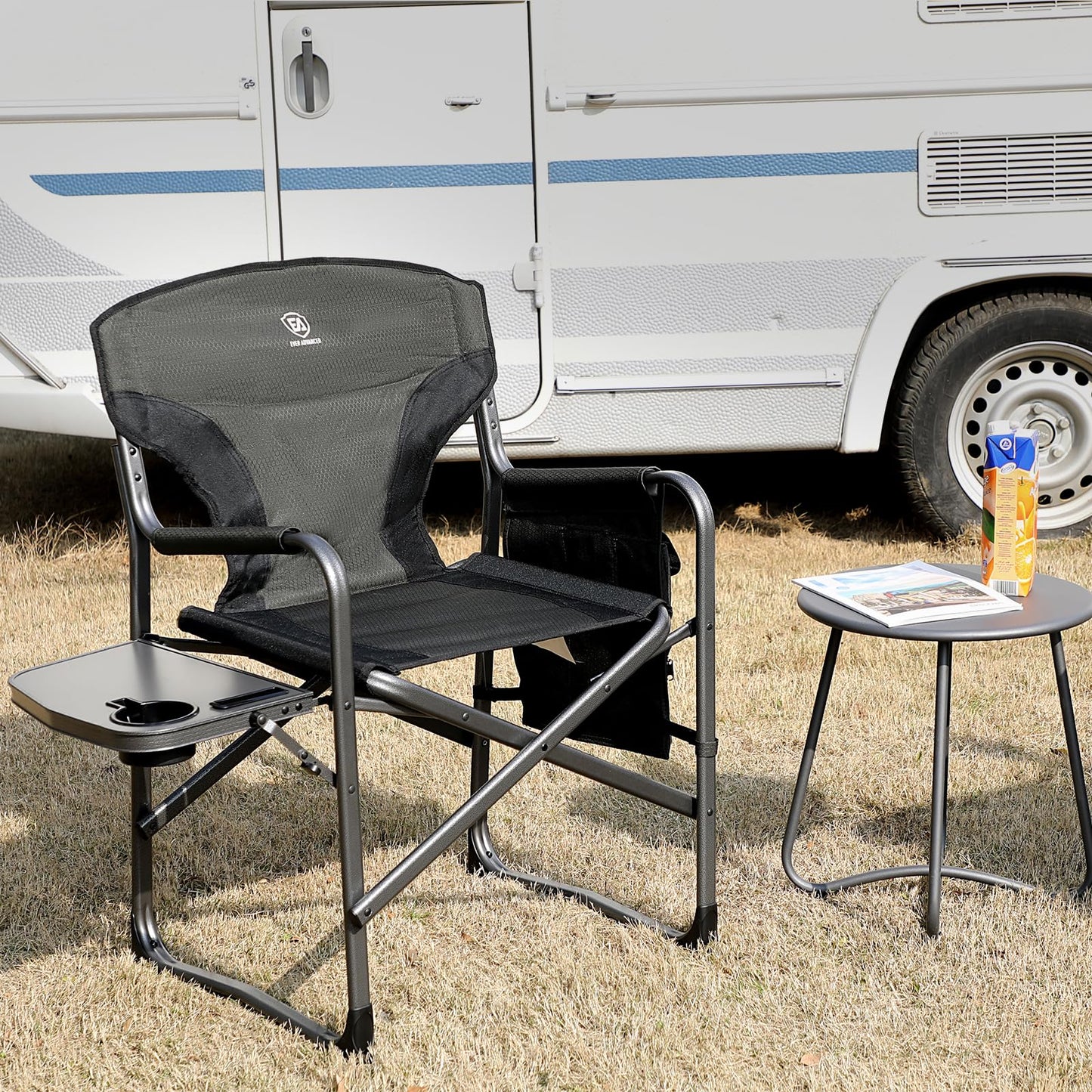 EVER ADVANCED Aluminum Lightweight Folding Director Chair, 350lbs Heavy Duty Camping Chair with Side Table & Storage, 19" Joint-Friendly Height Easy to Stand, Portable Makeup Artist & Vendor Chair