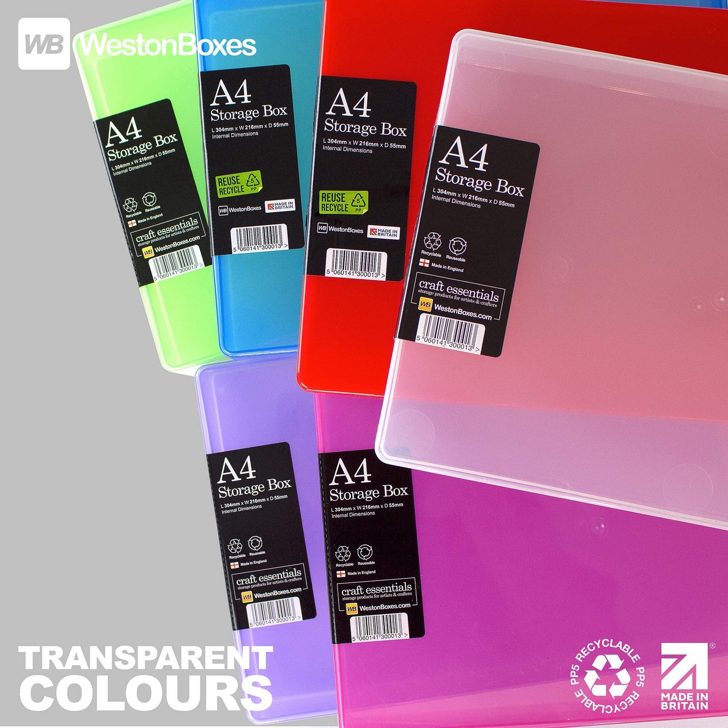 WestonBoxes A4 Colourful Transparent Plastic Craft Storage Boxes with Lids for Art Supplies, Paper and Card (Multicoloured/Transparent, Pack of 5)