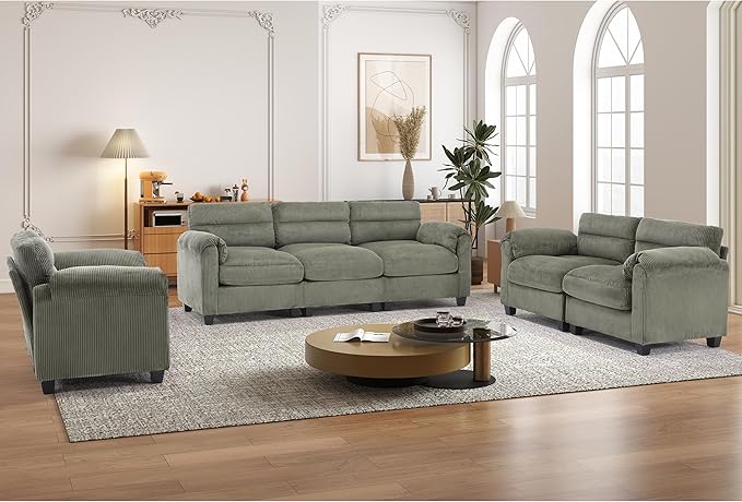 HAOMARKETS Corduroy Sofa Set, Upholstered Armchair, and 3-Seater Couch