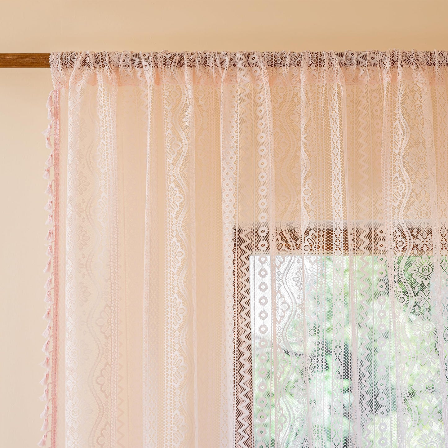 MYSKY HOME Pink Sheer Lace Curtains 2 Panels 90 inch Length for Girls Room Nursery Boho Vintage Floral Crochet Pattern Privacy Rod Pocket Tassels Small Windows Curtains, Wide 55 inch, 2 PCs