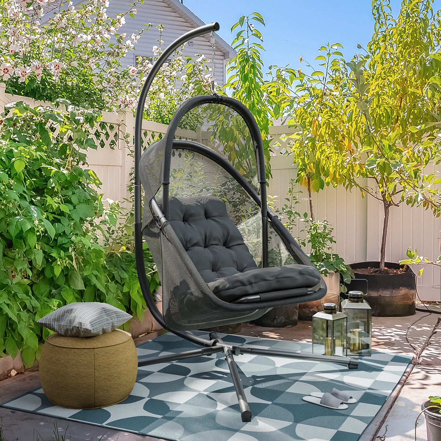 Greemotion Breeze Outdoor Foldable Mesh Fabric Hanging Chair Swing Hammock Egg Chairs UV Resistant with Base, 220 lbs Capacity for Patio Backyard, Balcony, Garden, Dark Gray