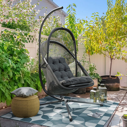 Greemotion Breeze Outdoor Foldable Mesh Fabric Hanging Chair Swing Hammock Egg Chairs UV Resistant with Base, 220 lbs Capacity for Patio Backyard, Balcony, Garden, Dark Gray