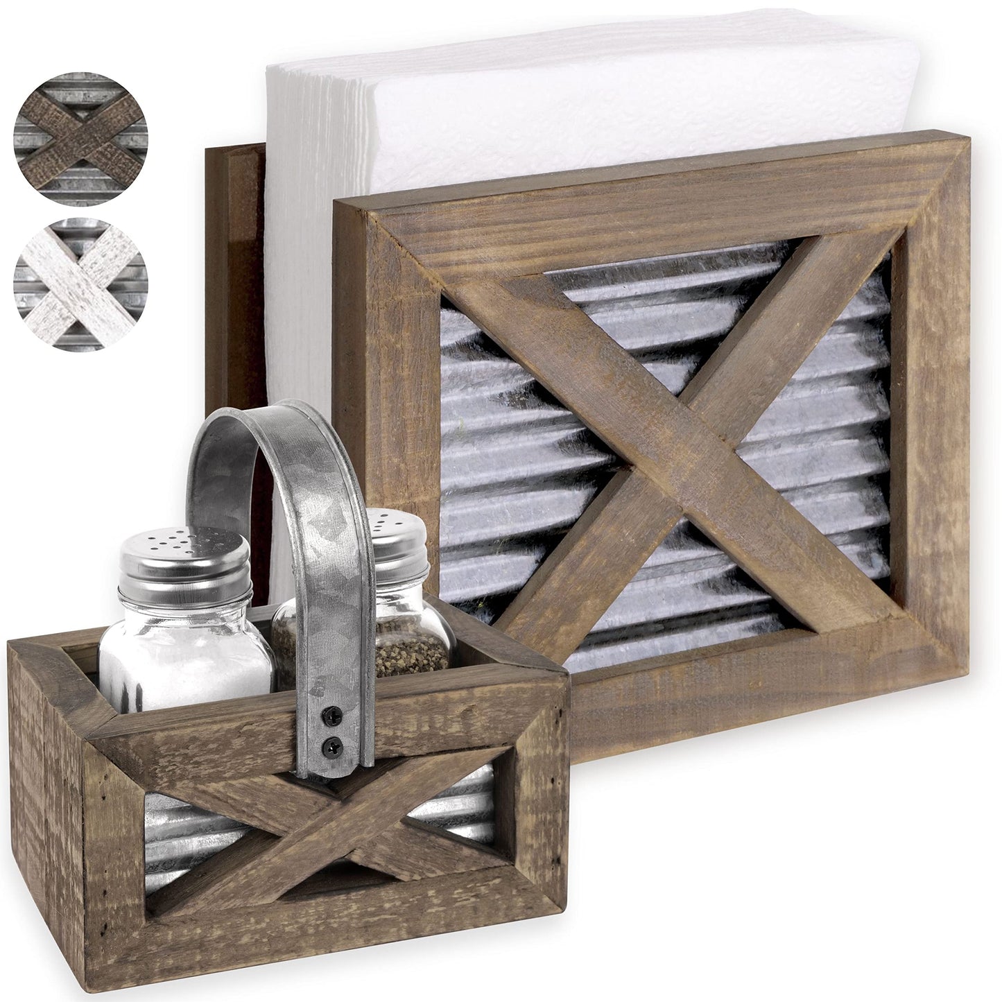 Autumn Alley Farmhouse Napkin Holder and Adorable Farmhouse Salt and Pepper Shakers Set With Wood Holder - Western Kitchen, Galvanized Metal - Upright Rustic Napkin Holder Rustic Kitchen Décor (Brown)