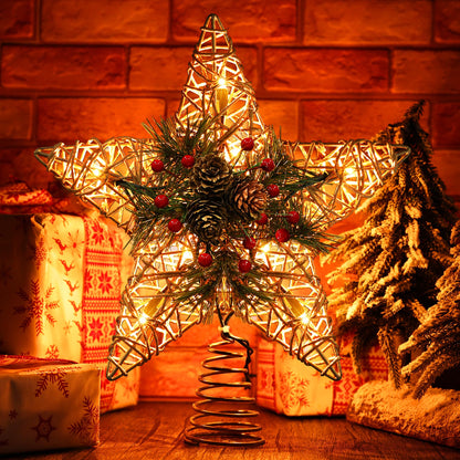 BrizLabs Christmas Tree Topper, 11“ Rattan Star Treetop with 10 Warm Lights, 120V UL Certified Christmas Tree-top Star, Vine Christmas Tree Star Topper for Christmas Indoor Party Home Decor