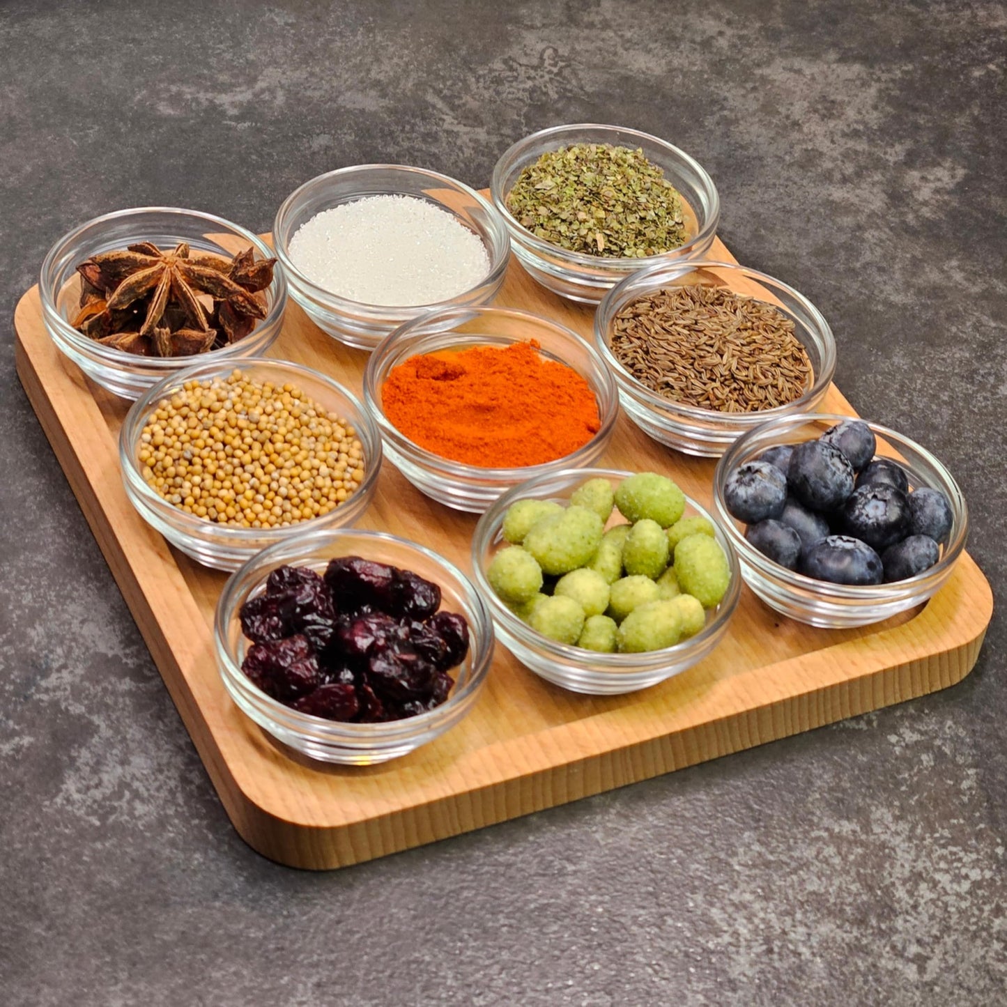 JO! Small Glass Bowls Set with Wooden Serving Tray - Set of 9 Mini Glass Dipping Bowls (1 oz) with Charcuterie Board - Ideal for Party, Snacks and Condiment - Dishwasher & Microwave Safe