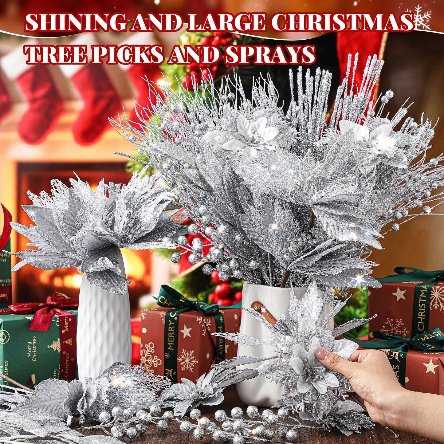 Yerliker 108 Pcs Sliver Glitter Christmas Picks and Sprays, 12 Styles Artificial Christmas Floral Berry Branches Flowers Stems for Xmas Tree Ornaments Wreath Garland DIY Vase Holiday Party Decor